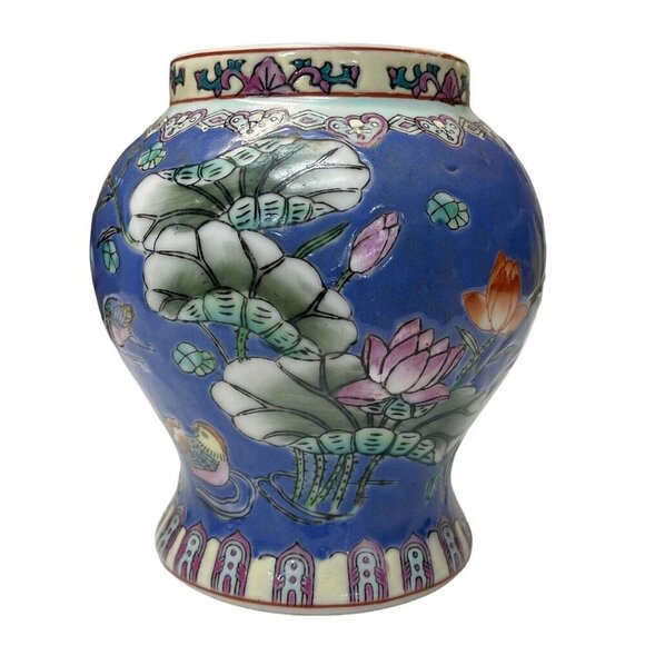 Unbranded Other - Chinese Hand-Painted Enameled Porcelain Vase with Lotus Flowers and Birds | Blue
